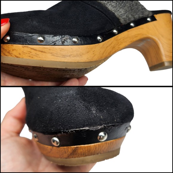 Black Studded Mules Clogs Womens 7 Cable Knit Slip Ons Wood Chunky Comfy Warm - Picture 10 of 11